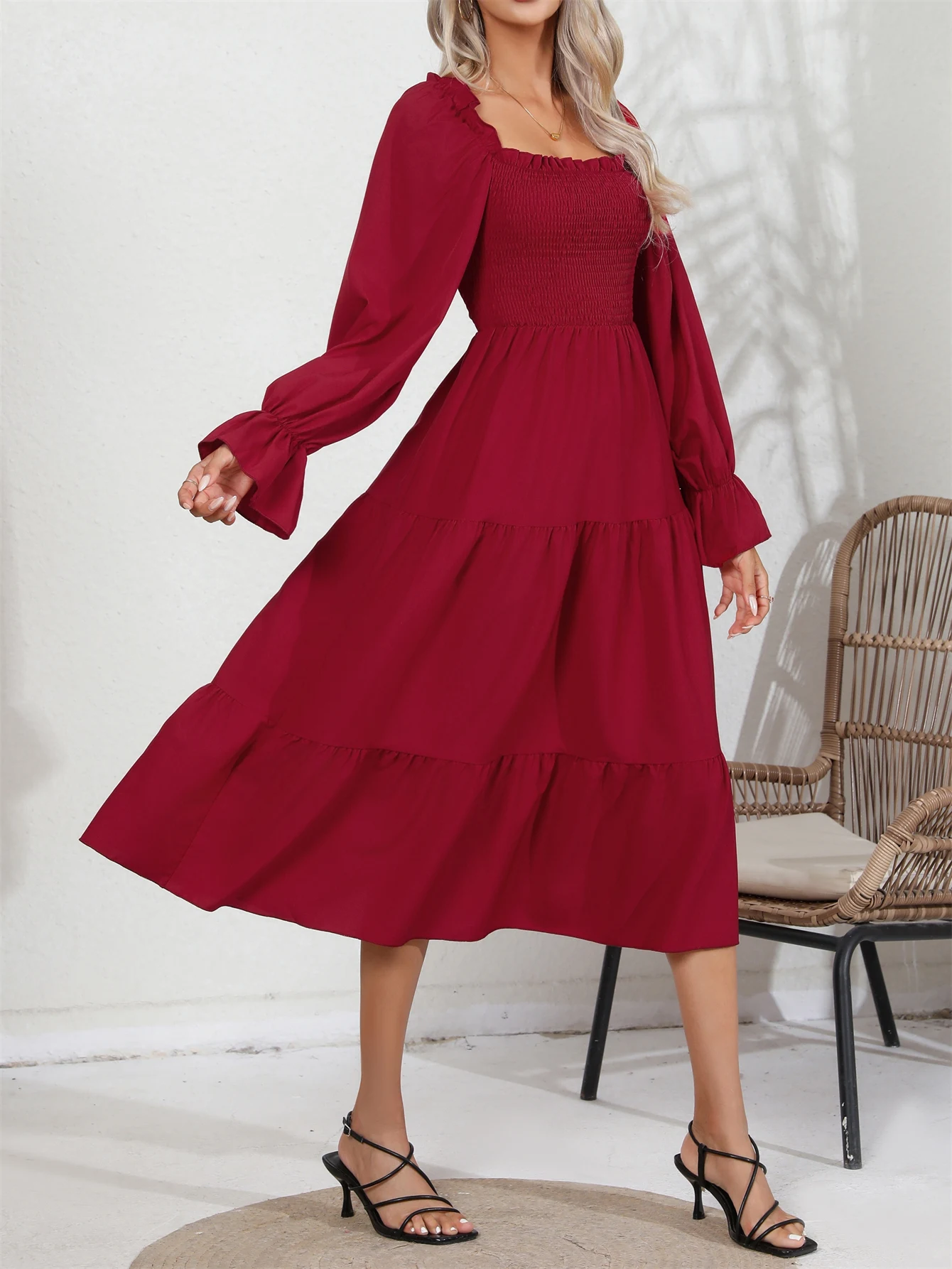 Spring & Autumn Casual Solid Squared Neck Shirred Ruffle Trim Long Sleeve Tiered Dress For Women