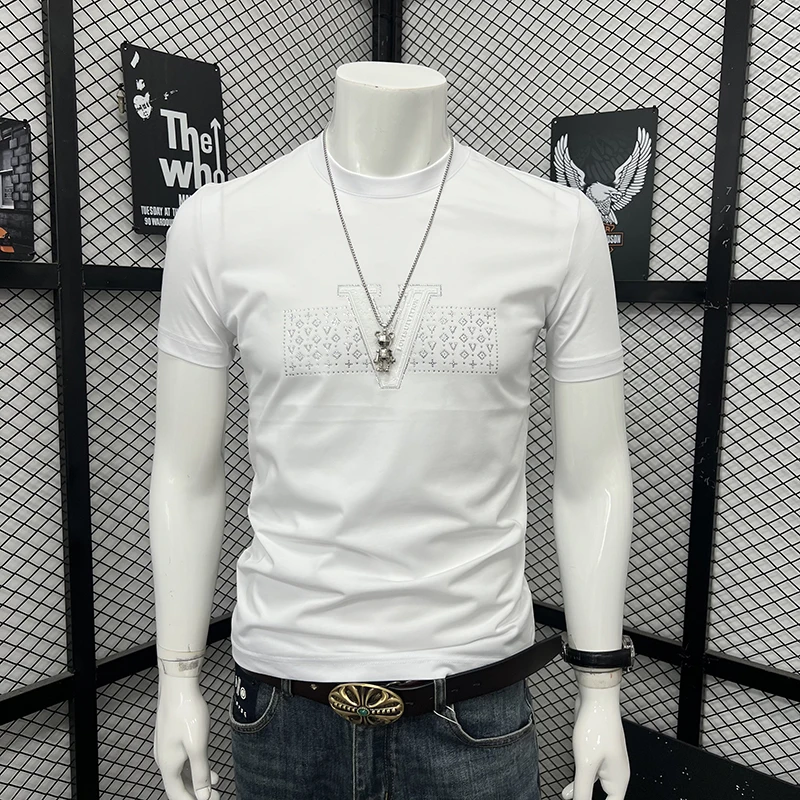 

Premium Men T-Shirt Summer Trend Rhinestone Letter Crew Neck Tees Slim Handsome Luxury Casual Streetwear Versatile 5xl Male Tops