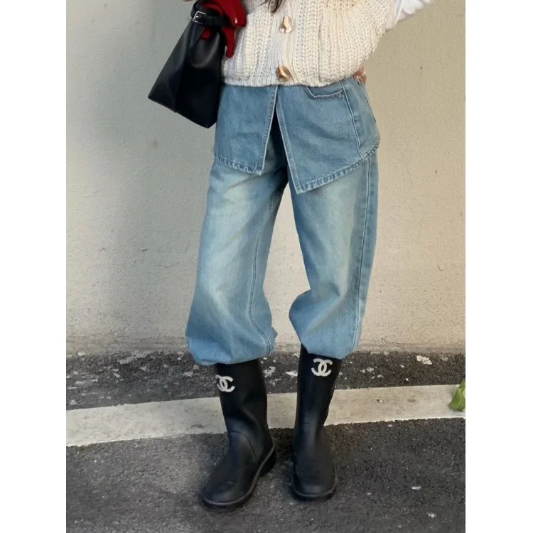 

Chic High Waist Straight Leg Jeans Women's Casual Pants Waed Blue Denim Detachable Slimming Long Trousers