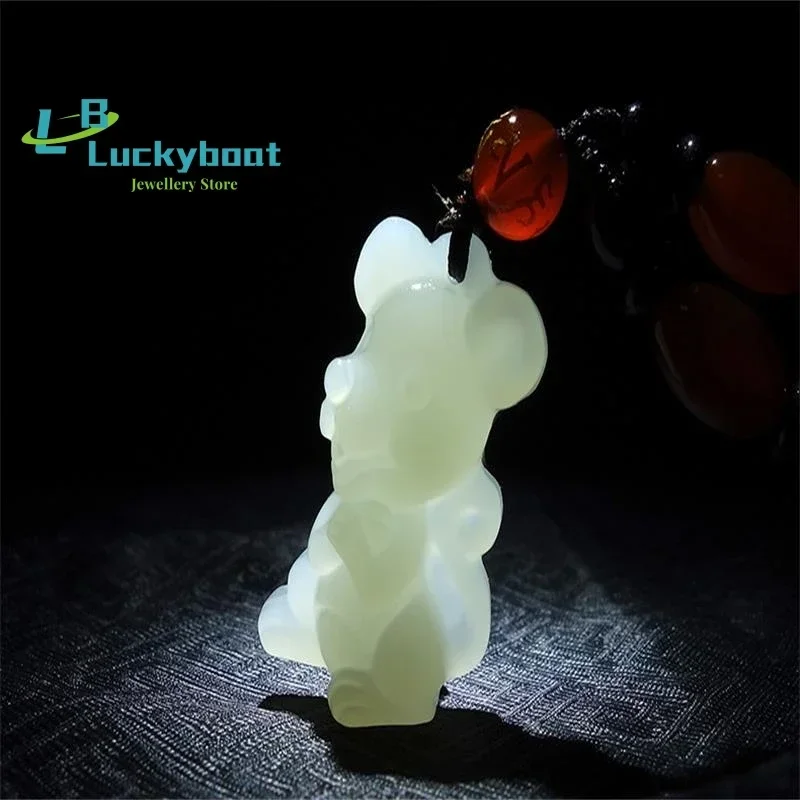 Hot Selling Natural Hand-carve Hetian White Jade Zodiac Rat Necklace Pendant Fashion Jewelry Men Women Luck Gifts