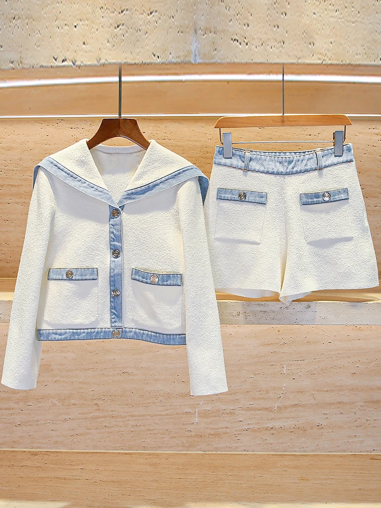 

Комплект M Home Nan You: Элитный женский весенний костюм 2025 – джинсовый вязаный жакет с воротником-стойкой и брюки, длинный рукав, на пуговицах