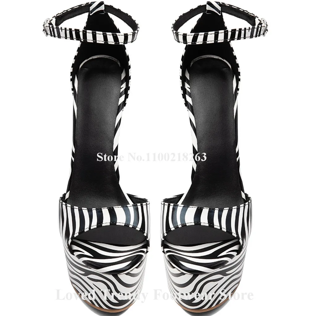Emeline Dubois Zebra Pattern Leather Stiletto Heel Sandals Open Toe Ankle Straps High Platform Thin Heel Party Pumps Dress Heels