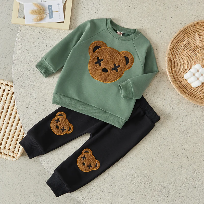 Suefunskry Toddler Boys Autumn 2Pcs Pants Set Long Sleeve Bear Embroidery Pullover Tops and Drawstring Pants Sets 1-5Years