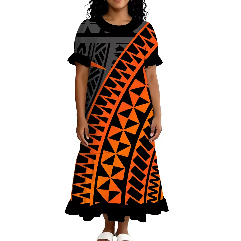 Popular Custom Women Mumu Dress Polynesian Tribal Tattoo Print Round Neck Ruffle Short Sleeve Loose Long Dress