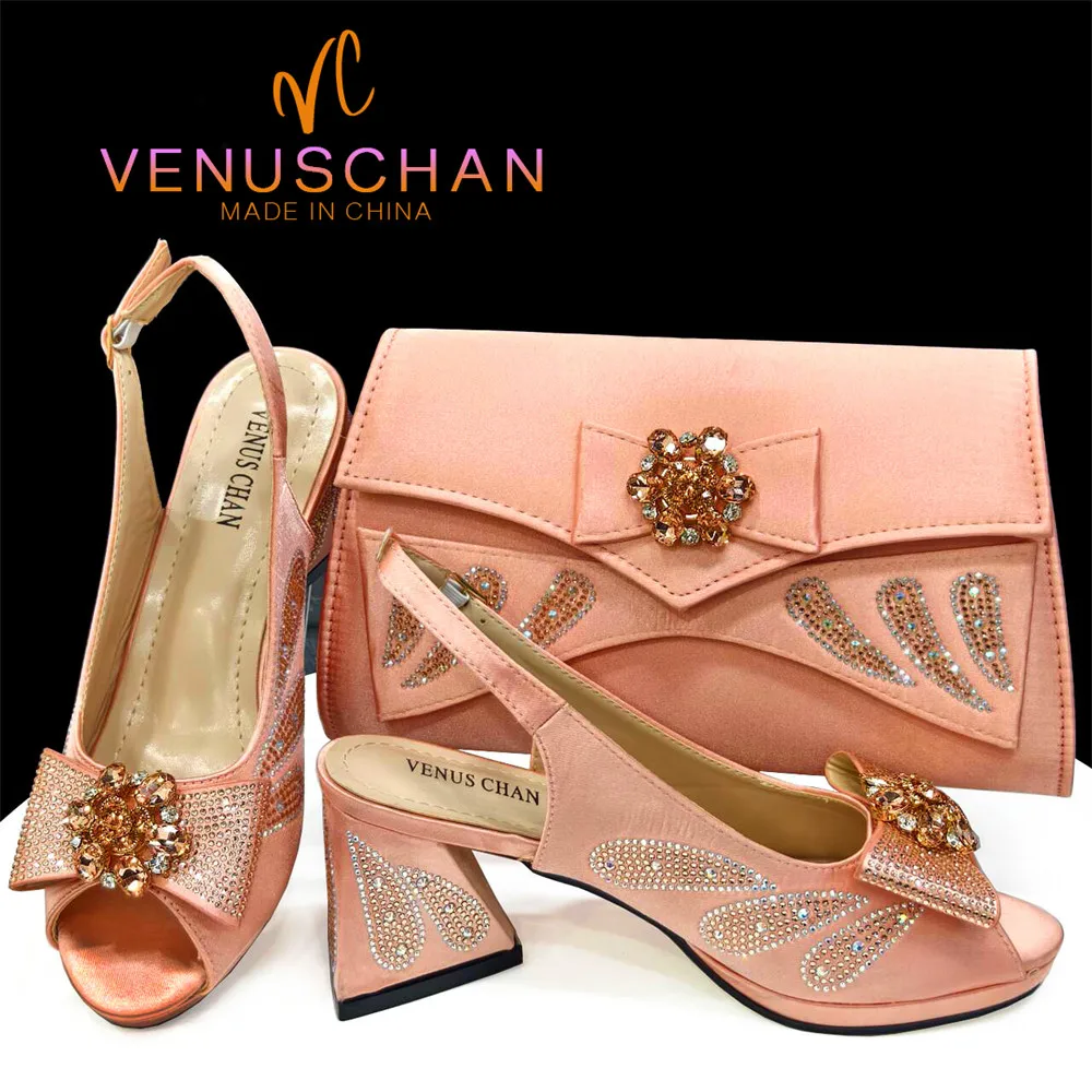 

Venus Chan Italian Shoes and Bags Matching Set 2024 Peep Toe High Heels Peach Colour Bow Rhinestones Women Shoes for Party