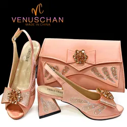 Venus Chan Italian Shoes and Bags Matching Set 2024 Peep Toe High Heels Peach Colour Bow Rhinestones Women Shoes for Party