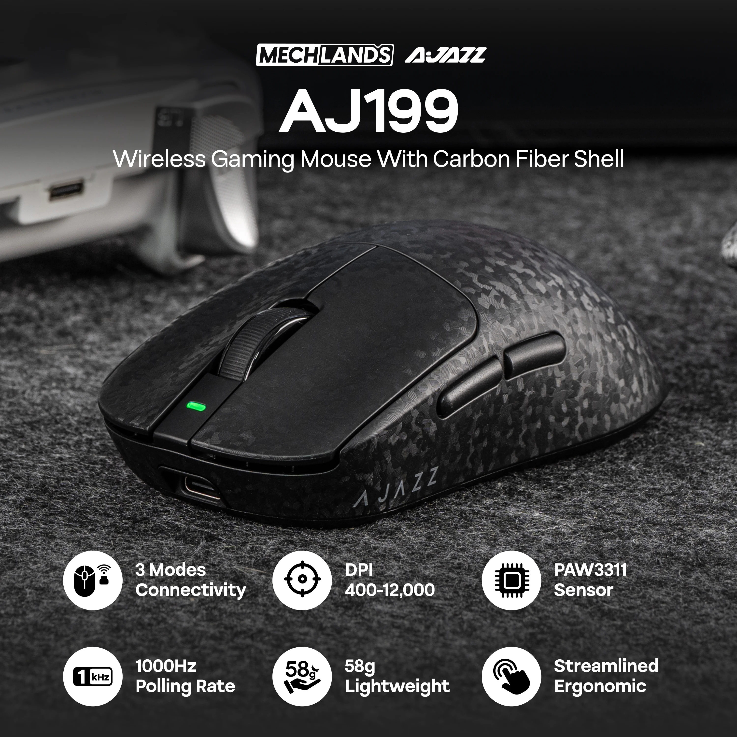 AJAZZ AJ199 Custom Wired Bluetooth 2.4G Wireless Lightweight Gaming Mouse Carbon Fiber 500mAh 12K DPI PAW3311 for Win Mac Gift