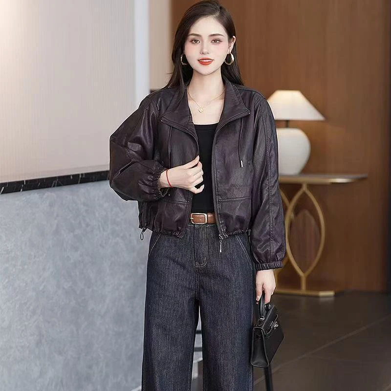 Chic Black Women Faux Leather Jacket Zip Up Lapel Collar Drawstring Hem Loose Oversized Pockets Streetwear Moto Outerwear Top