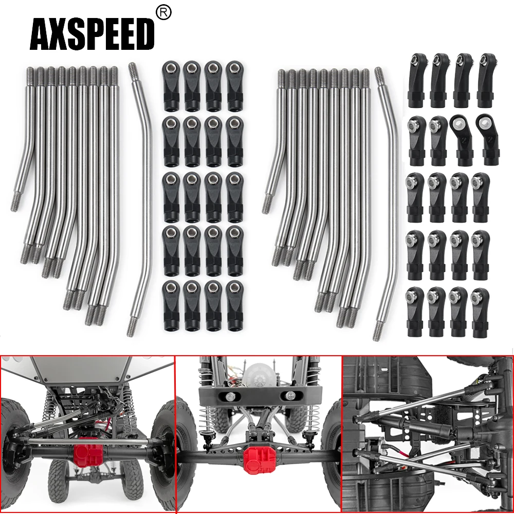 AXSPEED 10Pcs 313/324mm Stainless Steel Link Rod Set Linkage Steering w/ Nylon Ball End for Axial SCX10 II 90046 1/10 RC Car