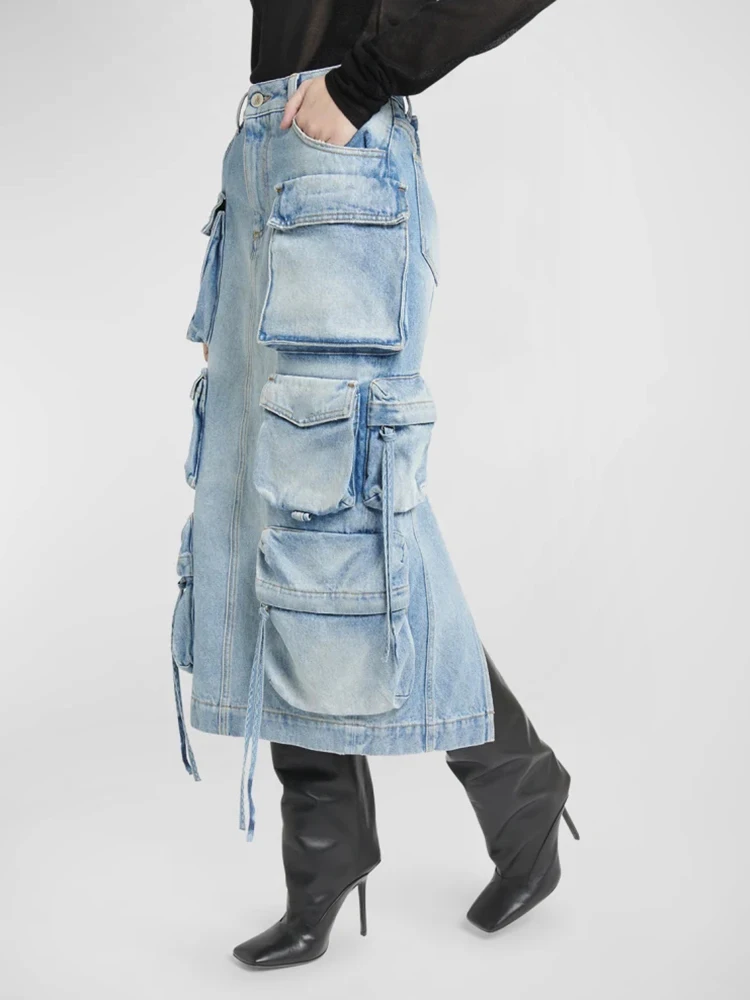 CHICEVER Split Denim Cargo Skirts For Women High Waist Patchwork Pickets Loose Folds Spliced Drawstring Midi Skirt Female 2024