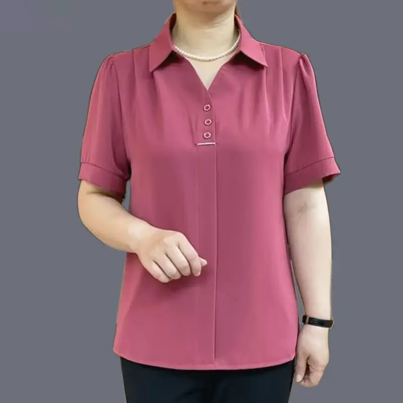 

Office Lady Solid Color Shirt Summer Turn-down Collar Women's Clothing Short Sleeve Fashion Button Casual All-match Loose Blouse