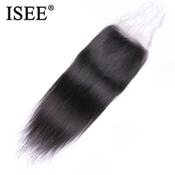 Perruque Lace Closure péruvienne Remy lisse-ISEE HAIR, cheveux humains, brun moyen, HD, 4x4 pouces, partie libre, 100% cheveux humains
