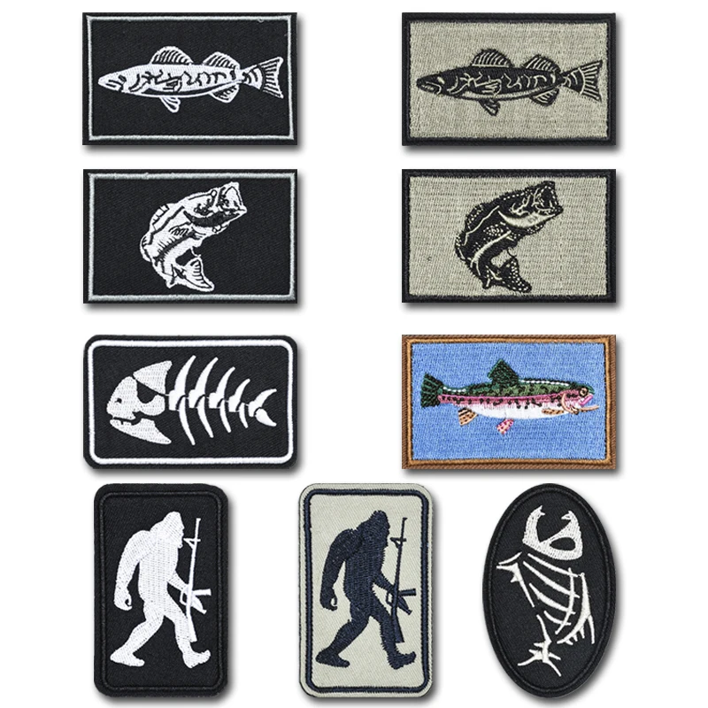 Fishing bone Team Logo Badge Embroidery Hook and Loop Outdoor Warlock Patches Military Backpack Bag Stickers Hat Appliques