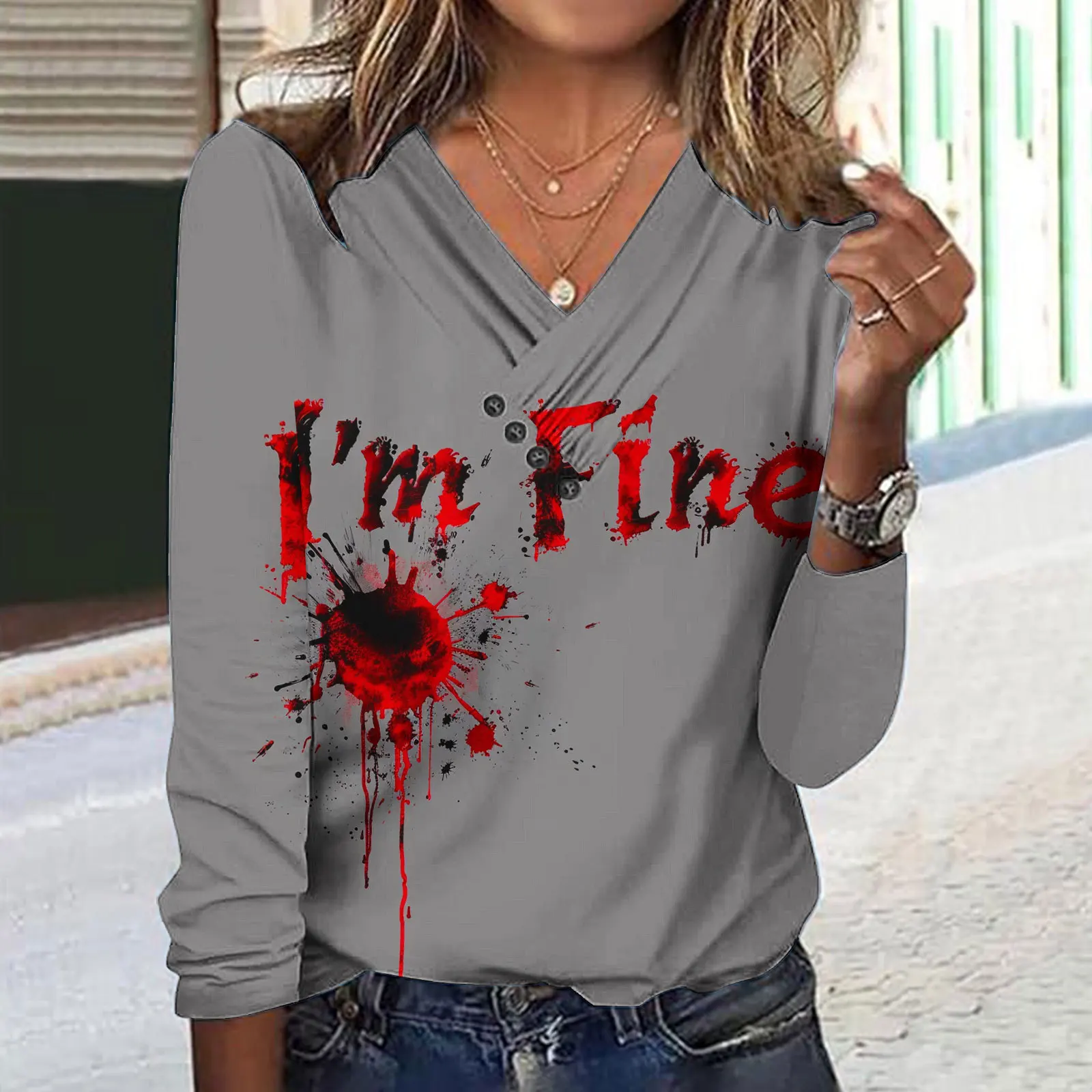 I\'m Fine It\'s Not My Blood Sarcastic Halloween Humor T-Shirt Funny Horror Style Sayings Graphic Tee Top Short Sleeve Outfit Gift