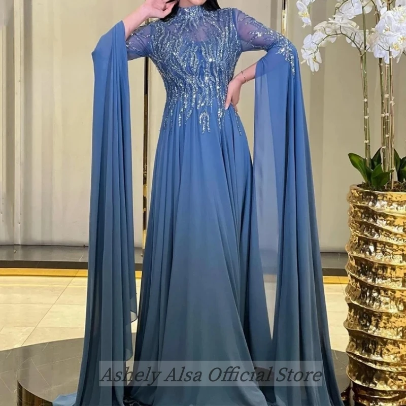 Customized Women Evening Dresses Long Sleeve High Neck Sequined A Line Boho Chiffon Formal Occasion Prom Dress Wedding Party