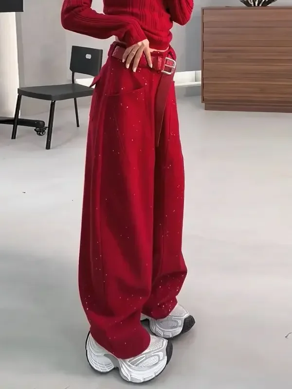 Y2K Solid Color Fashion Street Women Jeans Simple Basic Slim Loose Woman Jeans Gray Red Black Chic Straight Leg Pants Female