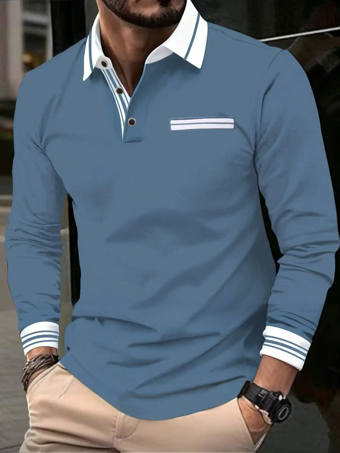 

Мужская повседневная рубашка-поло с длинным рукавом, контрастным воротником и полосатыми вставками