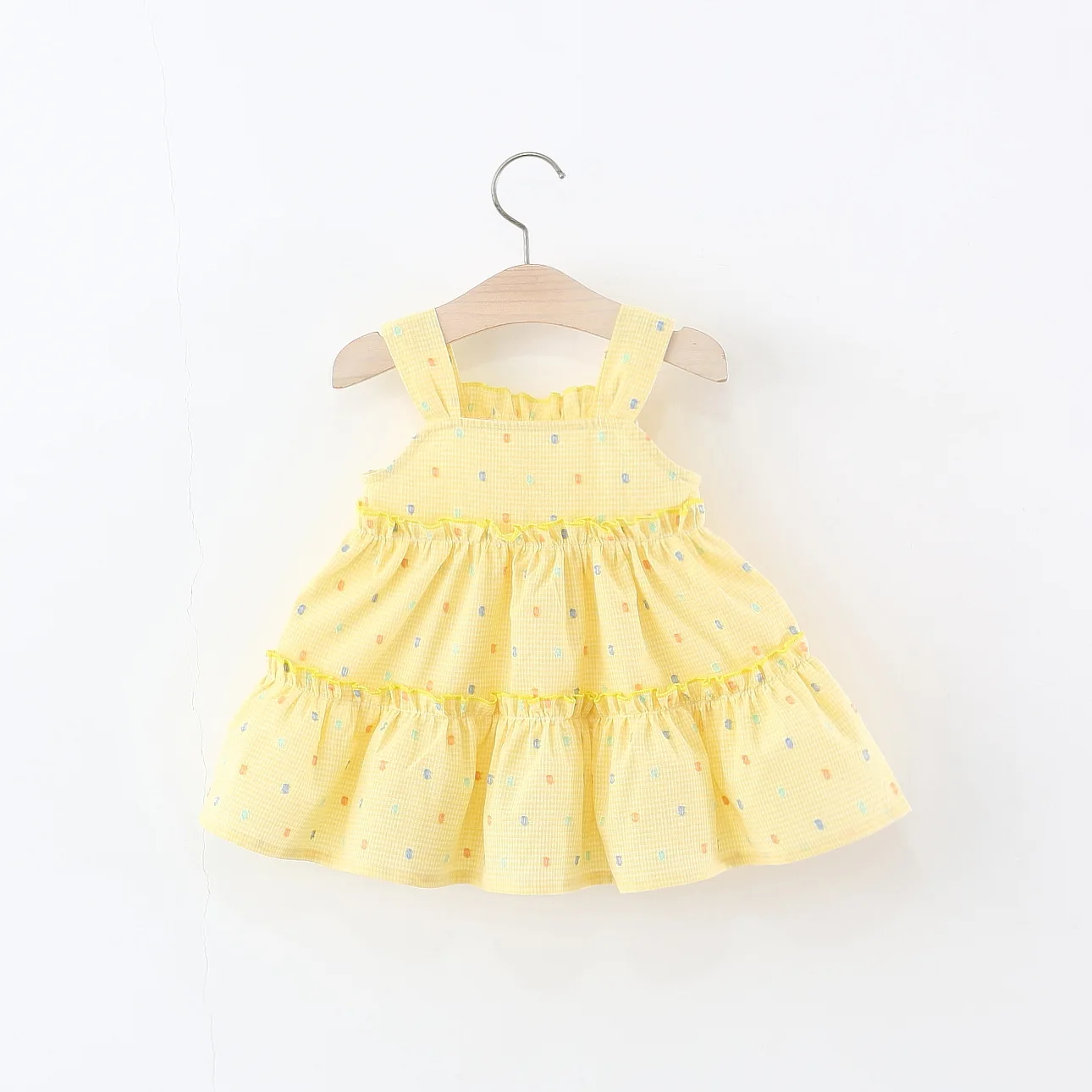 Yellow Checkered Sling Baby Girl Dress, Summer New Colorful Flower Children'S Sleeveless Clothes For Babies Aged 0 To 4 Years