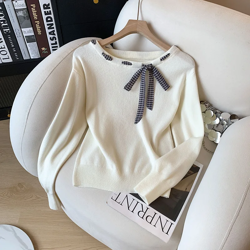 

Design sense plaid silk scarf lace-up round neck knitted sweater women's autumn and winter new style niche and chic sweater