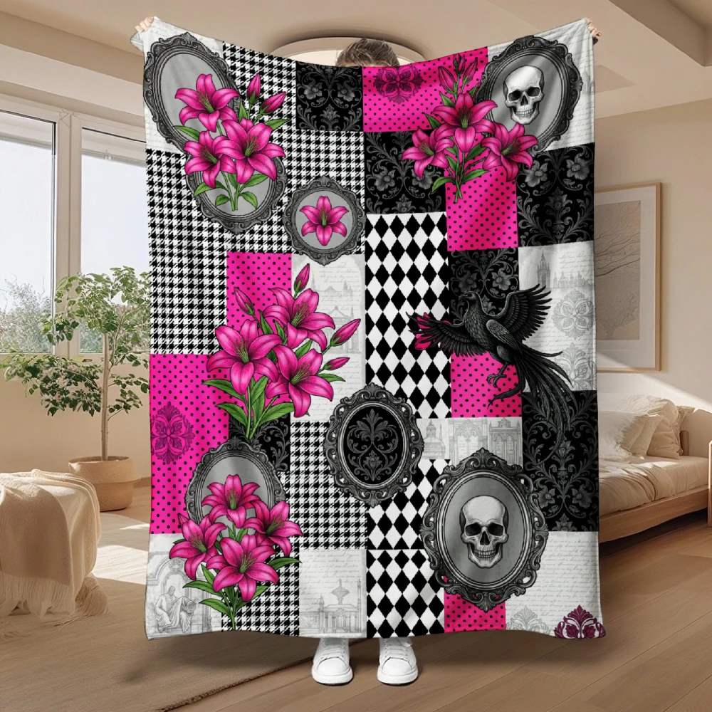 1pc Pink Lily Skull And Crow Patchwork Print Flannel Blanket Soft Comfortable Warm Bed Cover for Autumn Winter Season Living Room Bedroom Sofa Halloween Thanksgiving Christmas Festival Gift