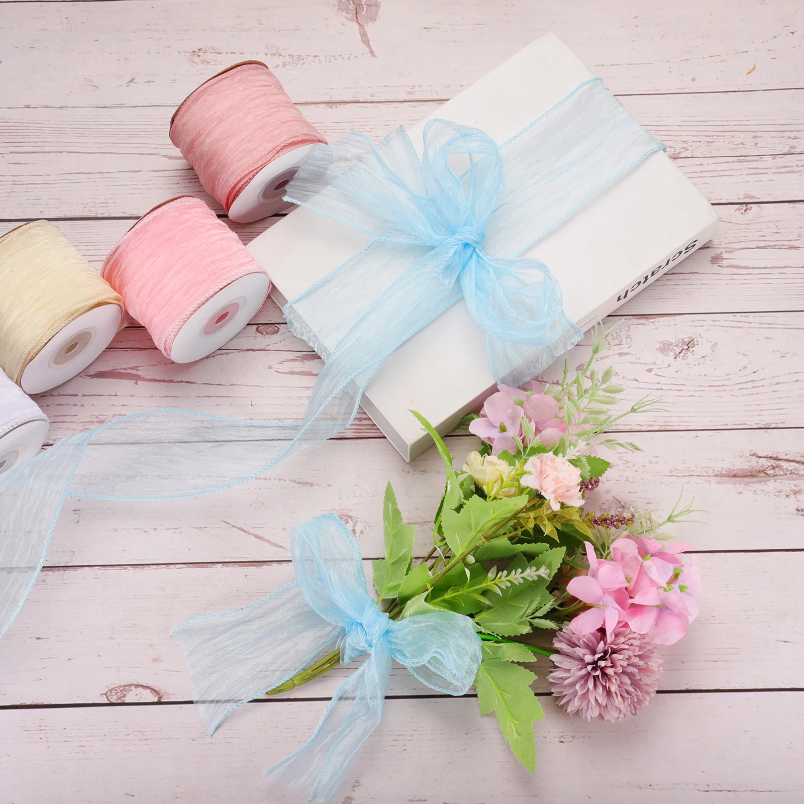 10 Yards Sheer Crinkled Wired Ribbon with Metallic Edge for Gift Wrapping Home Decor Wedding Bouquets Handmade DIY 2.5 Inch Wide
