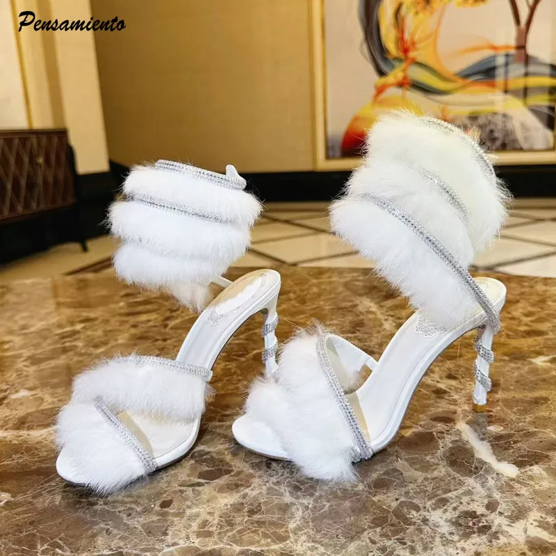 Luxuriöse Glitzer-Pelz-Knöchelriemen-Gladiatorensandalen für Damen, sexy Schlangenmuster, umwickelbare Stiletto-High-Heels, Sommer-Hochzeitsschuhe
