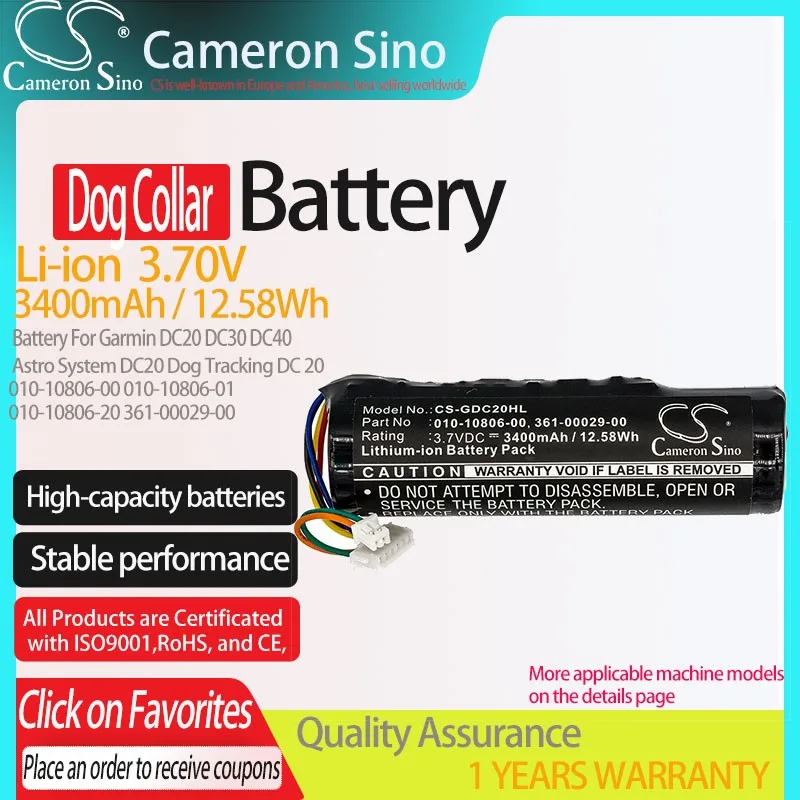 CS Dog Collar Battery for Garmin DC20 DC30 DC40 Astro System DC20 Dog Tracking DC 20 Fits 010-10806-00 01 20 00 3400mAh