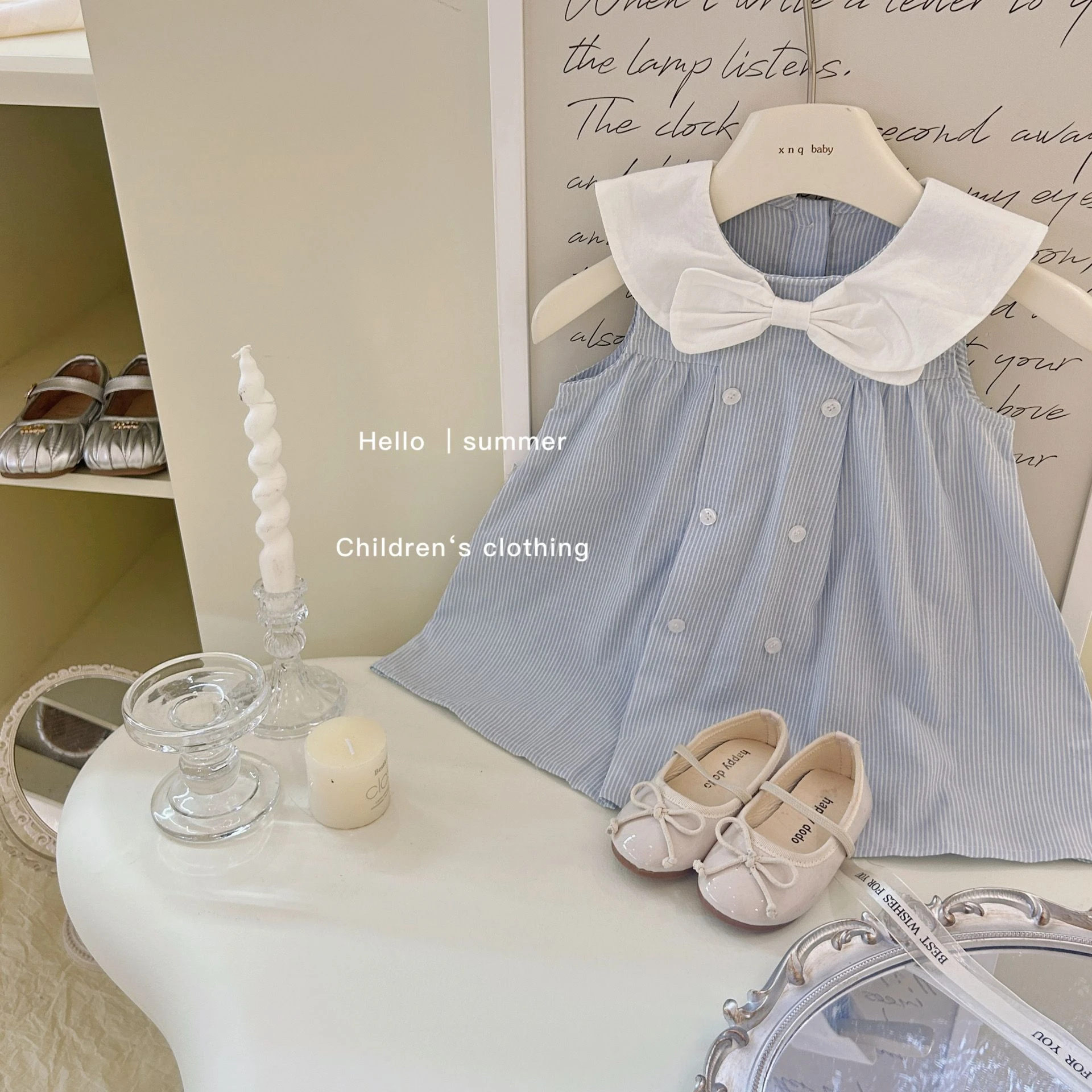 Sleeveless Childrens Clothing 2024 Summer Fashionable Dress Girl Doll Neck Bow Blue Striped Princess Skirt