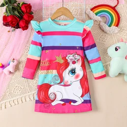 Spring and Autumn Girls Fashion Casual Cartoon Unicorn Printed Knitted Fabric Round Neck Long sleeved Dress