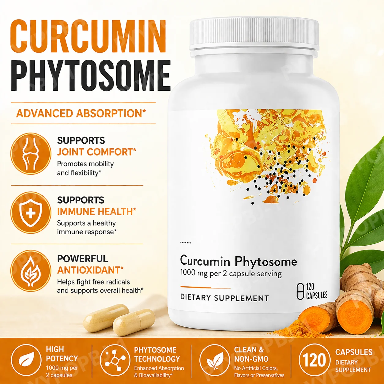 High Absorption Curcumin 1000mg Capsules Turmeric Extract Supplement Phospholipid Complex Supports Joint Comfort Immune Health