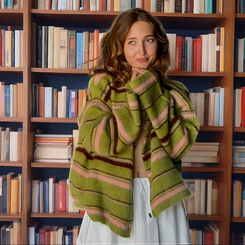 

Autumn Winter Casual Knitted Cardigan Top Europe America Retro Commute Striped Color Blocking Single Breasted Loose Sweater Wome