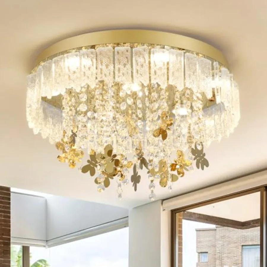 Gold Crystal Chandeliers Exquisite Crystal Ceiling Light with Butterfly Decorations for Living Room Semi Flush Mount Golden Cha