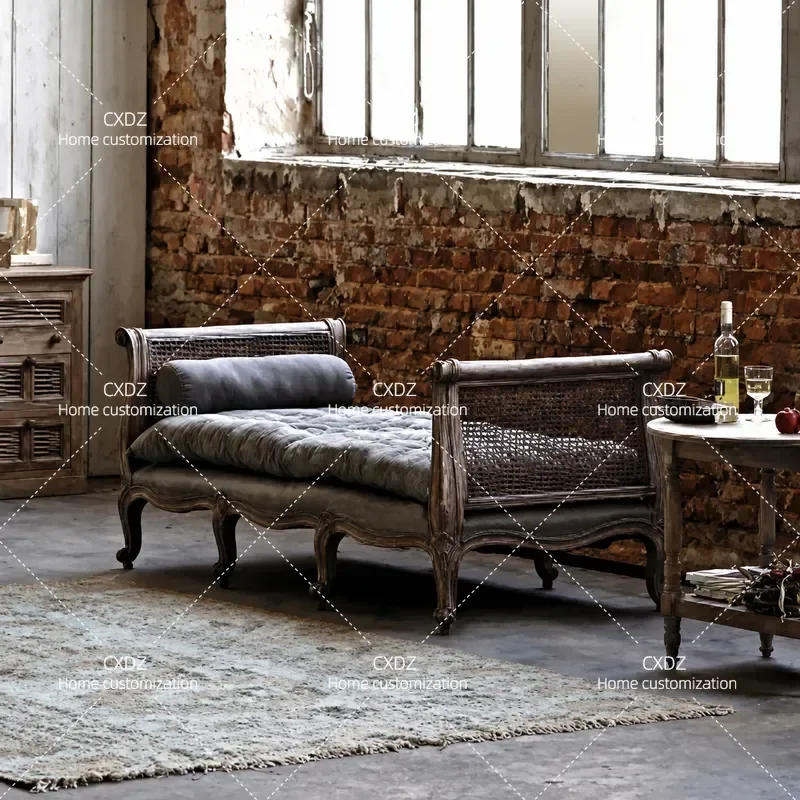 Rural Solid Wood Shoe Changing Stool Bedside Rattan Sofa Stool Medium Antique Retro Furniture for Homestay Customization