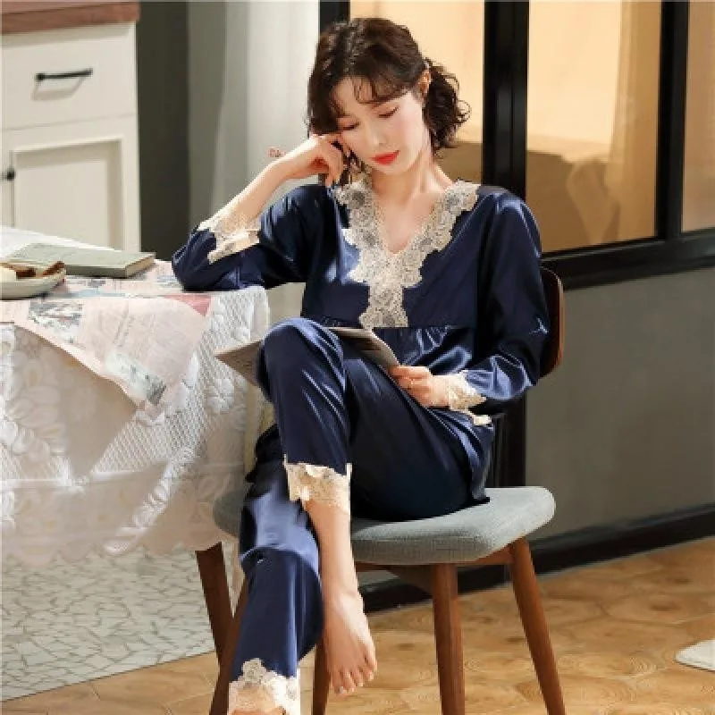 Ice Silk Pajamas Women Long Sleeve Lace Green Premium Sense Two Piece Sweet Homewear Love Blue