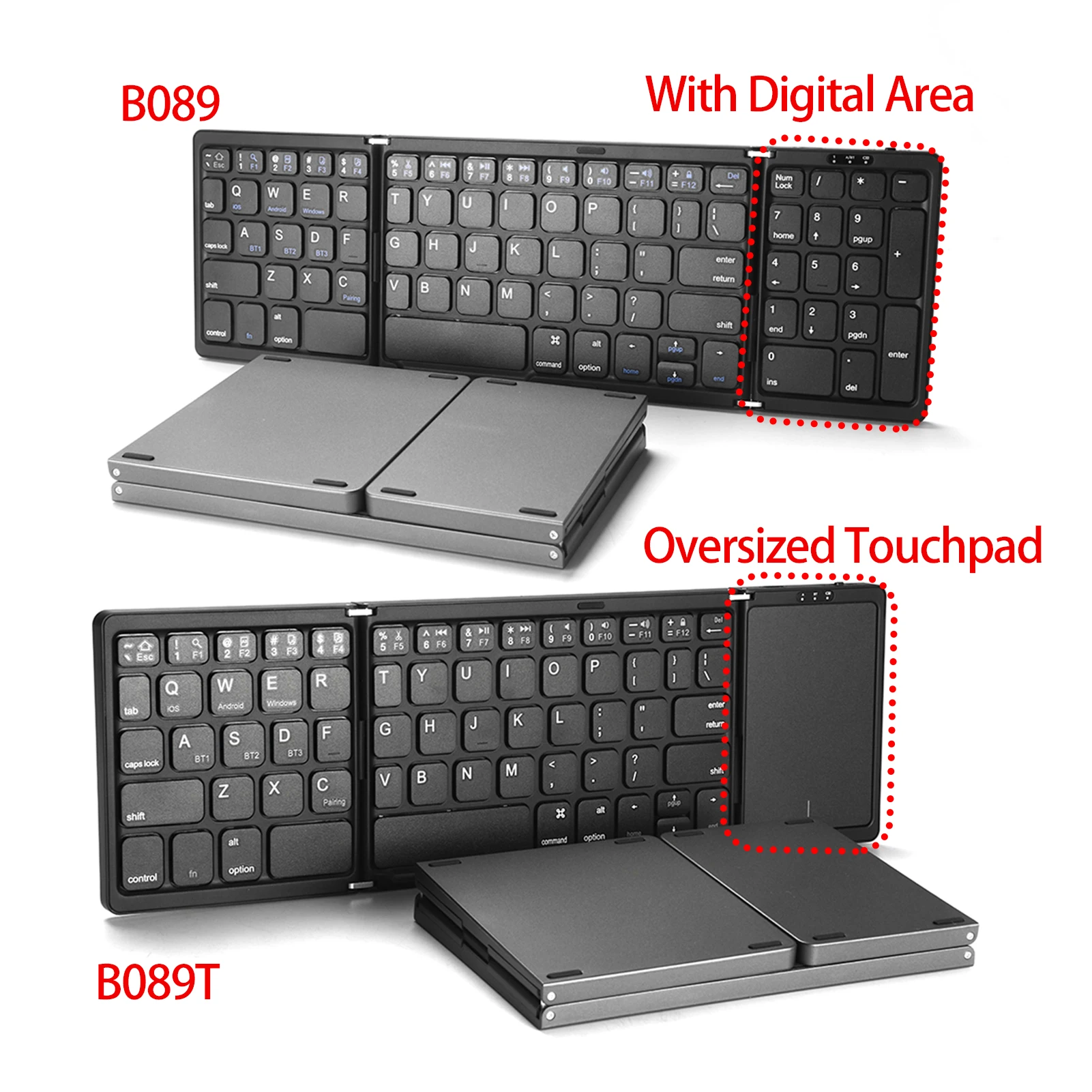 B089T Portable Mini Three Folding Bluetooth Keyboard 64 Keys Wireless Foldable Touchpad Keypad for IOS Android iPad Tablet Phone