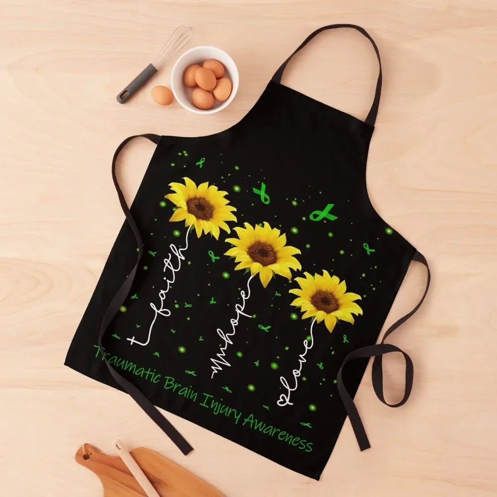 Sunflower Faith Hope Love Traumatic Brain Injury Awareness Apron Custom Woman Kitchens Kitchen accessories Barber Apron