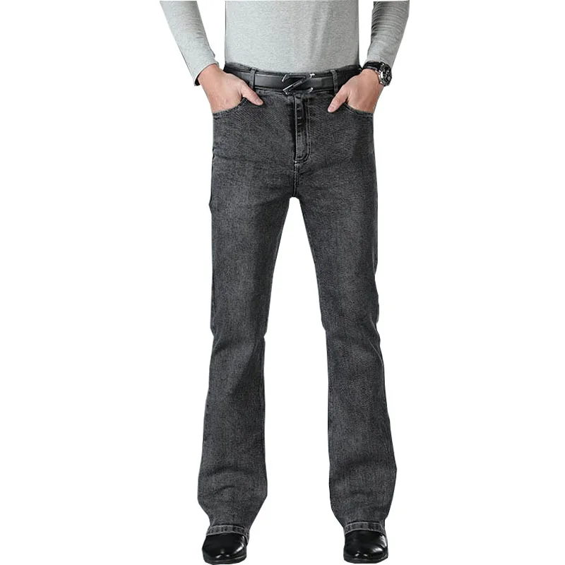 Men's Middle Waist Elastic Loose Flared Denim Trousers Men's Large Size Flared Pants Gray Jeans