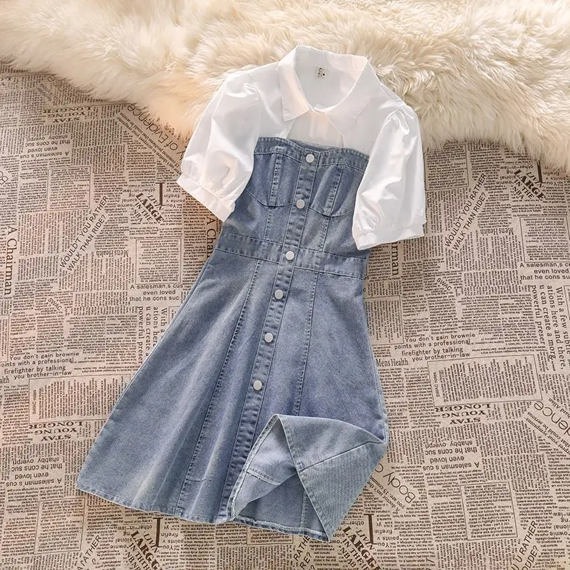 

Summer large size denim dress women's waist and thin splicing new Chinese style student small a word short skirt