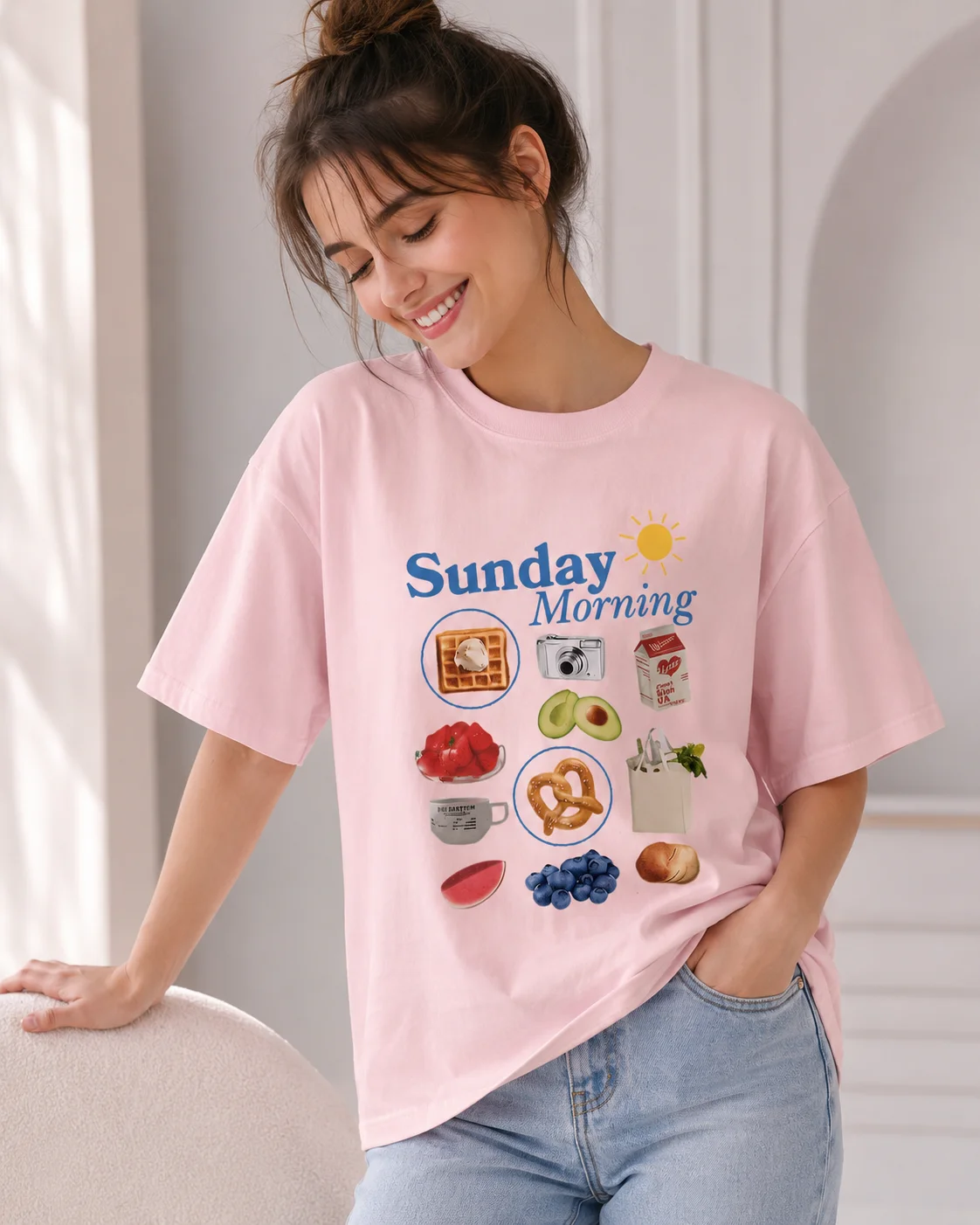Women's Spring/Summer Retro Style Waffle Camera Sunday Print Fashion Casual Round Neck T-shirt Cotton Short Sleeve Y2K Top