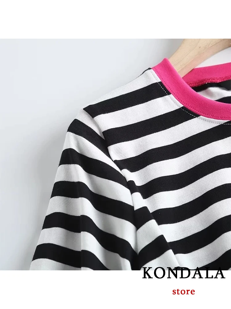 KONDALA Fashion 2023 Summer 100% Cotton Striped T-Shirts Women Short Sleeve O Neck Loose Blouses Vintage Women Tops