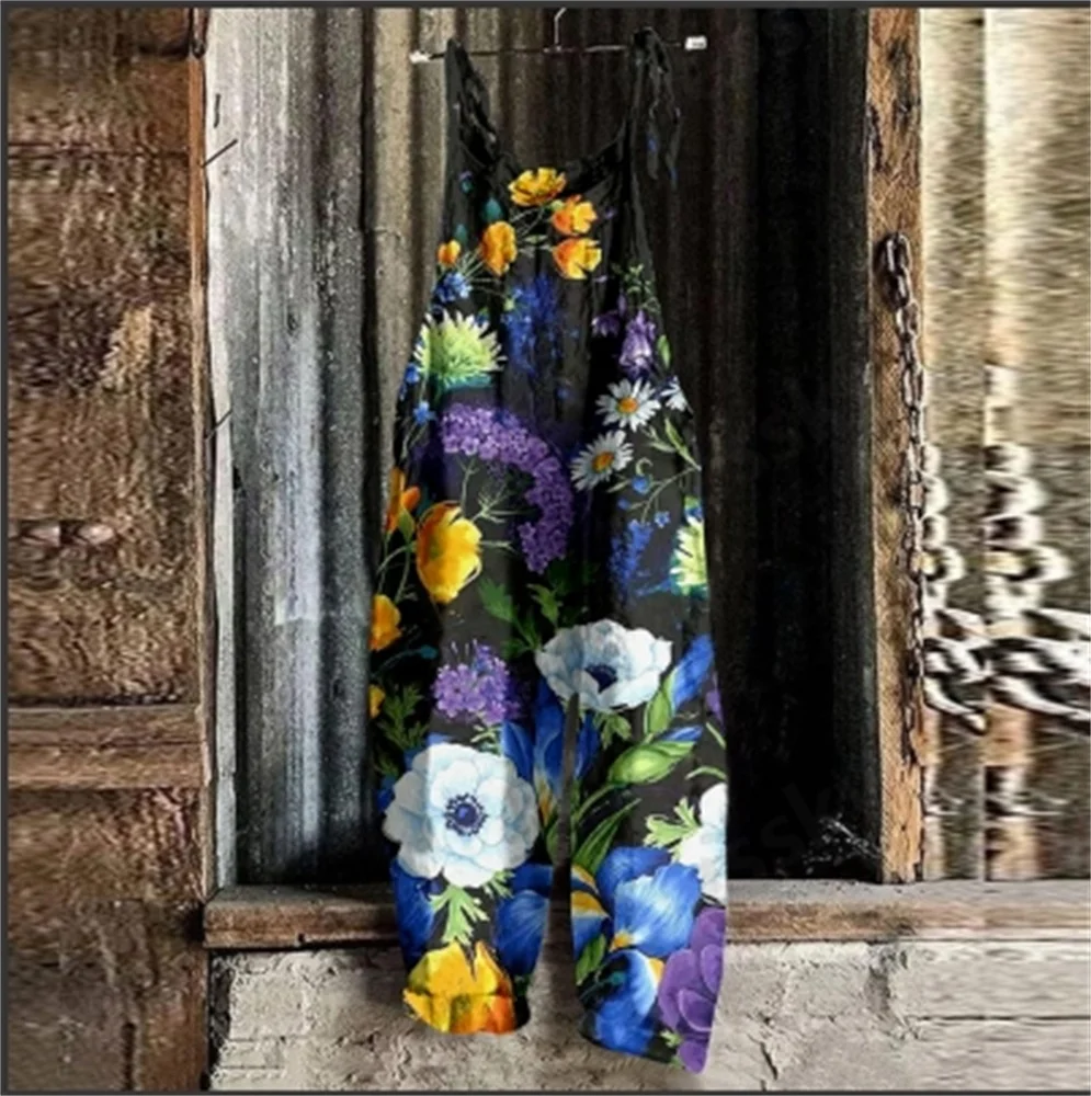 

Женский модный комбинезон с принтом в стиле ретро, свободный комбинезон на бретельках, женский удобный комбинезон с широкими штанинами, повседневная одежда