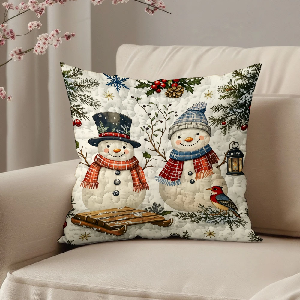Square Throw Pillow Case White Christmas Snowman With Scarf And Hat Winter Holiday Decor For Sofa Chair Living Room Bedroom