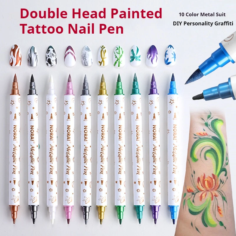 10Pcs Metal Colorful Double Head Nail Tattoo Pen, Beautiful Pen, Student Greeting Card, Handbooks Painting, Wholesale Stationery