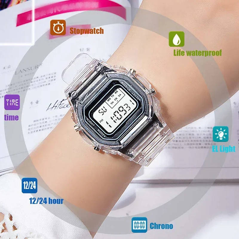 YIKAZE LED Digital Watches for Boys and Girls Transparent Strap Student Electronic Watch Waterproof Alarm Clock Kids Sport Watch