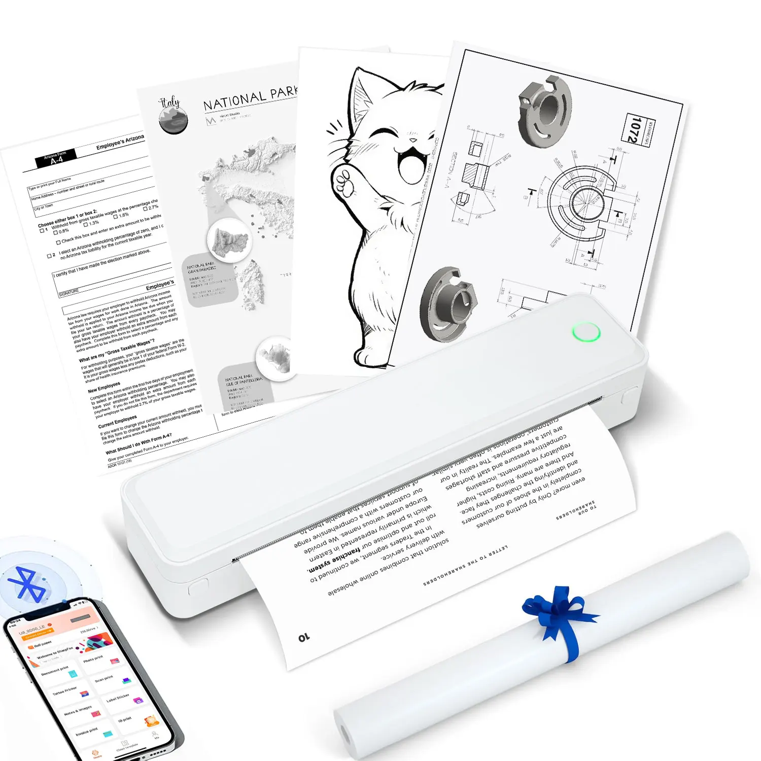 Portable thermal printer can be wirelessly connected to mobile phones for printing tattoos. It is suitable for office and study