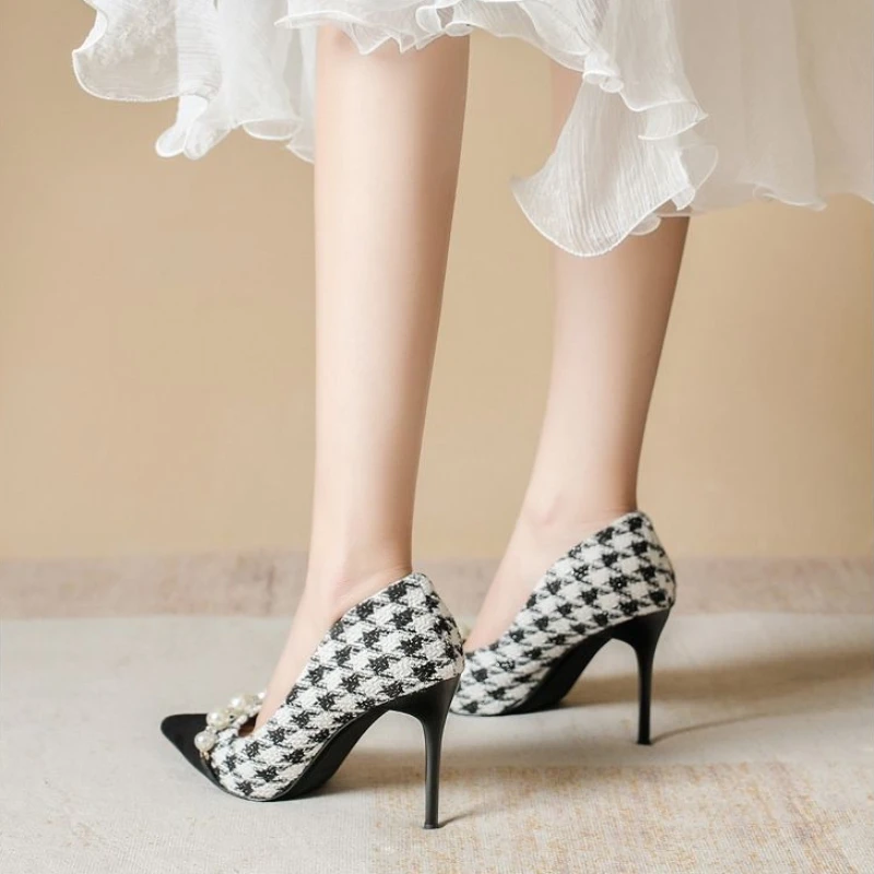 Thousand Bird Lattice High Heels Women 2024 Spring/summer New Pearl Professional Work Shoes Female Temperament Fine Heel Shoes