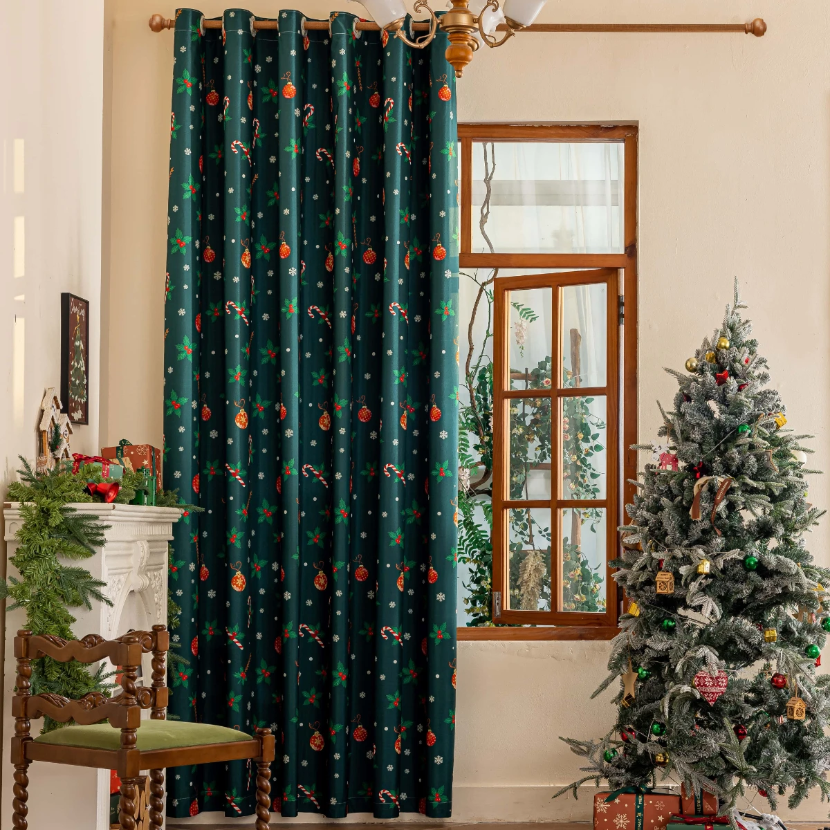 1Pc New Laminated Dark Green Background Christmas Design Decorative Curtains, 100% Blackout Fabric Home Blackout and Heat Insulation Thickened Curtains, Living Room, Bedroom, Study Room Decorative Rod-Pole Curtains