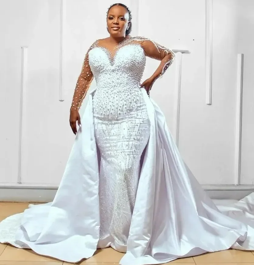 

Sparkly Pearls Beads Wedding Dress with Removable Skirt Scoop Illusion Long Sleeves Pearls Beads Tulle Bridal Bride Gown African
