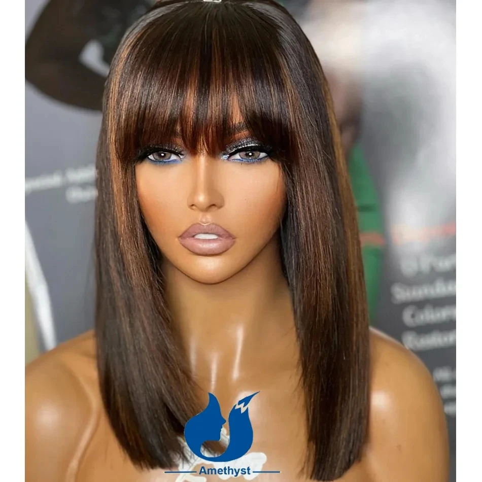 Amethyst Highlight Brown Straight Bob Human Hair Wig With Bangs For Black Women Scalp Top Full Machine Made Wig Remy Brazilian