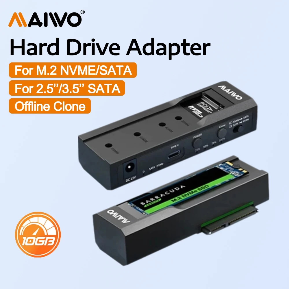 MAIWO 10Gbps Type-C Dual-Bay M.2 SSD Case NVMe SATA Dual Protocol M2 Enclosure Docking Station 2.5/3.5 Inch with Office Clone